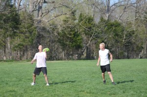 Jay Moldenhaur prepares to pass to Dan Yarnell